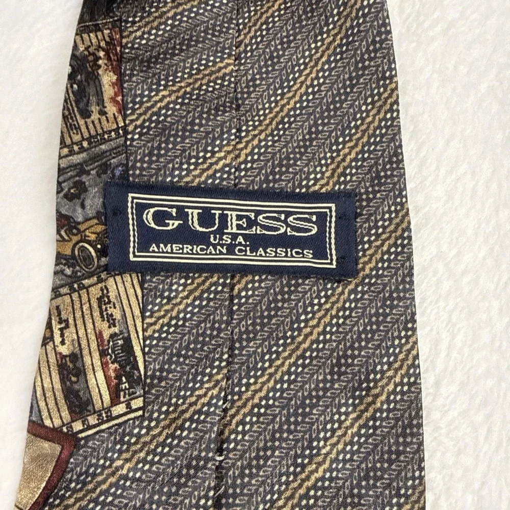 Guess Men's Necktie Tie Silk American Sports Vintage Posters Stripe Made USA 58